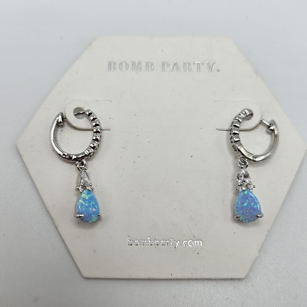 NEW Bomb Party Light Blue Fire Opal Rhodium Plated Dangle Earrings October